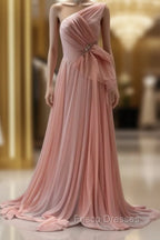 Peach A-Line One Shoulder Chiffon Long Formal Prom Dress Simple Bridal Dress