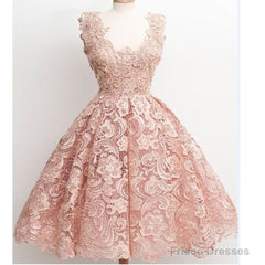 Peach Lace Scoop Neckline Short Cute Homecoming Dresses