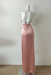 Peach Pink Diamond Spaghetti Strap Satin Bodycon Ball Dress