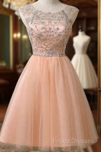 Peach Tulle Beaded Short Cute Homecoming Dress