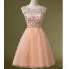 Peach Tulle Beaded Short Cute Homecoming Dresses