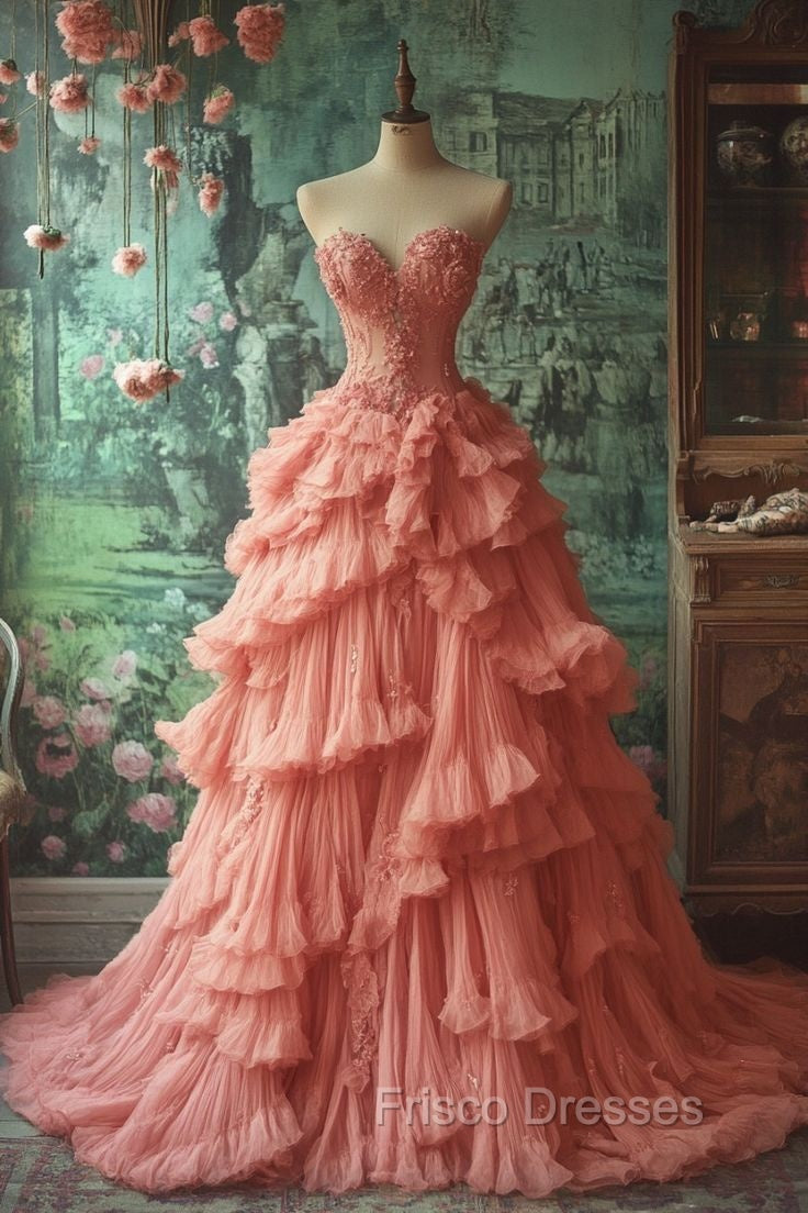 Peach Vintage A-Line Sweetheart Neck Long Ball Gown Sweet Beaded Applique Dress