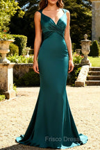 Peacock Blue Mermaid Satin Backless Ruched Prom Dress