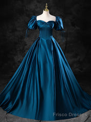 Peacock Blue Satin Sweetheart Puff Sleeve Quinceanera Dress