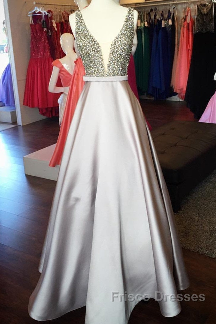 Pearl Beaded V Neck Long Silver Satin Formal Prom Dress Floor Length Secondary image