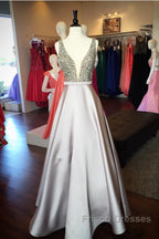 Pearl Beaded V Neck Long Silver Satin Formal Prom Dress Floor Length