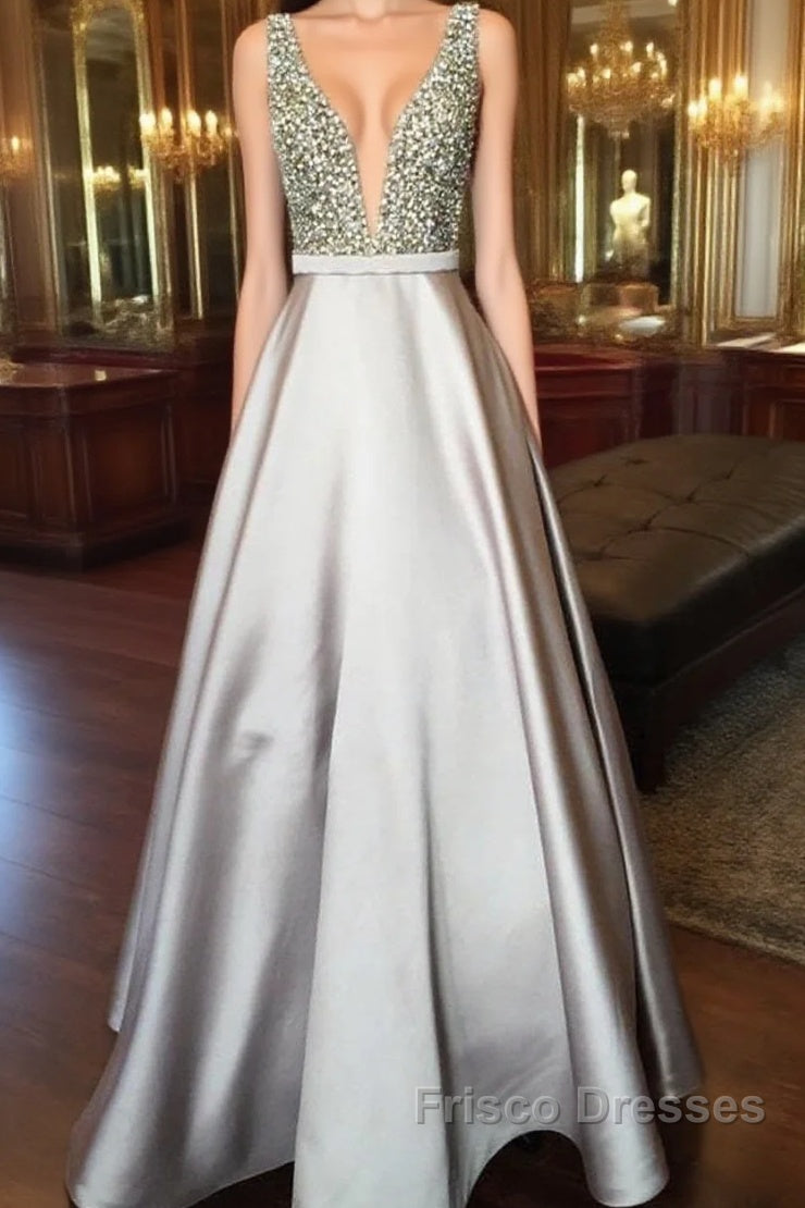Pearl Beaded V Neck Long Silver Satin Formal Prom Dress Floor Length Main image