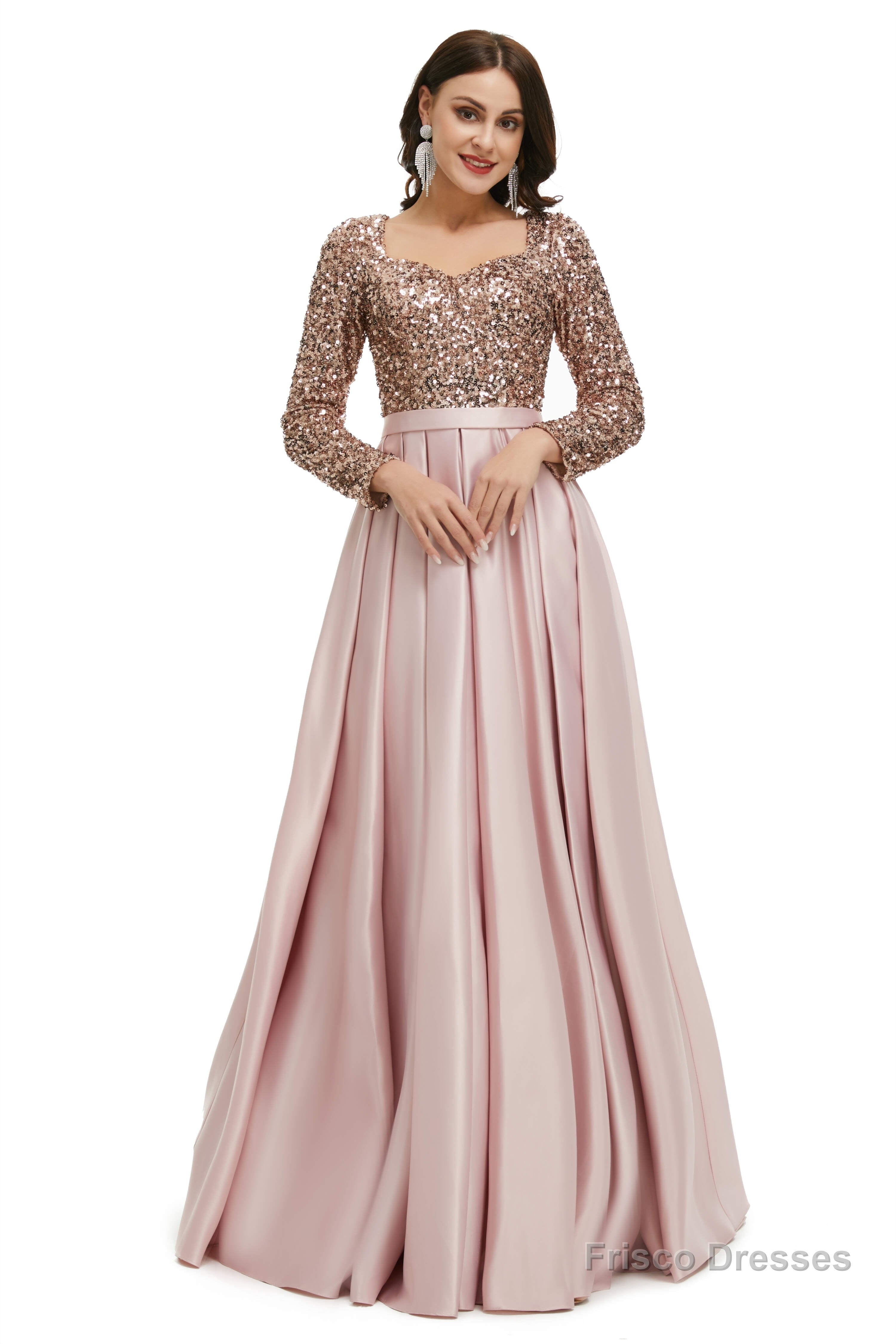 A-Line Sequins Sweet Neck Long Sleeve Prom Dresses