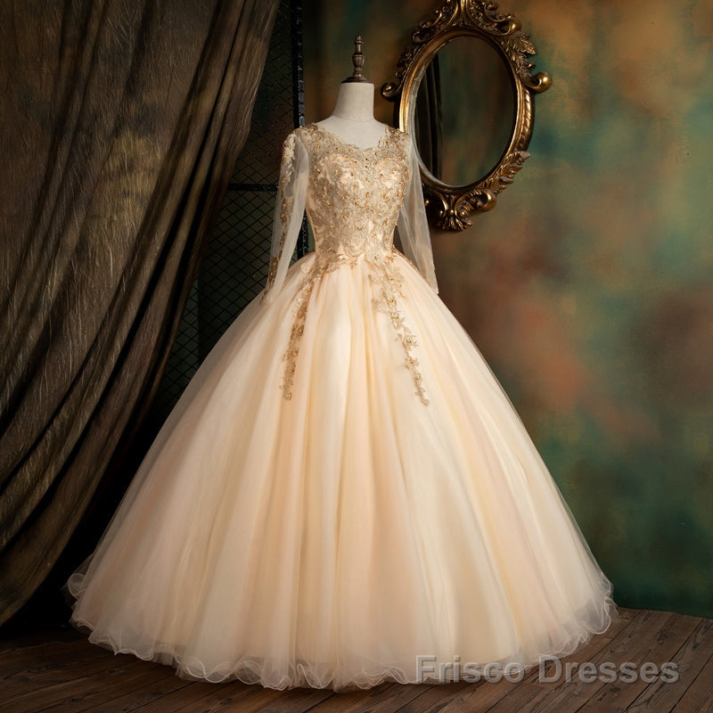 Pearl Pink Long Sleeves Formal Dress with Lace Applique, Pink Formal Gown