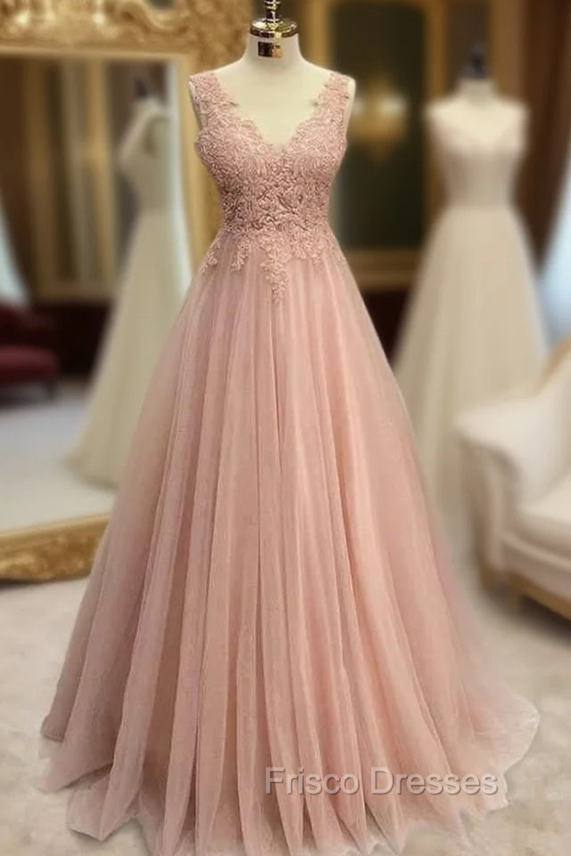 Pearl Pink Formal Prom Dress, A-line V Neck Sleeveless Long/Floor-Length Tulle Glitter Formal Prom Dress With Appliqued Beading Main image