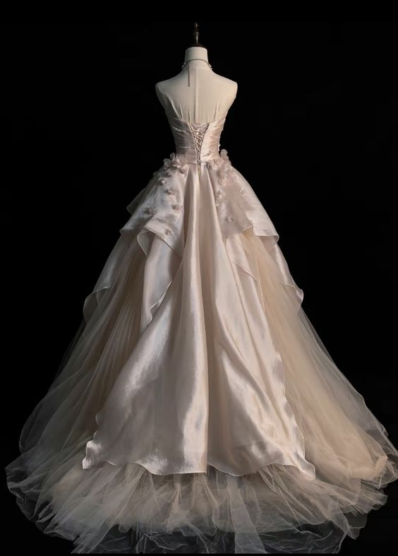 Pearl Pink Strapless A-Line Tulle Long Party Gown With Pearls Secondary image