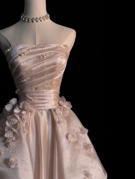 Pearl Pink Strapless A-Line Tulle Long Party Gown With Pearls