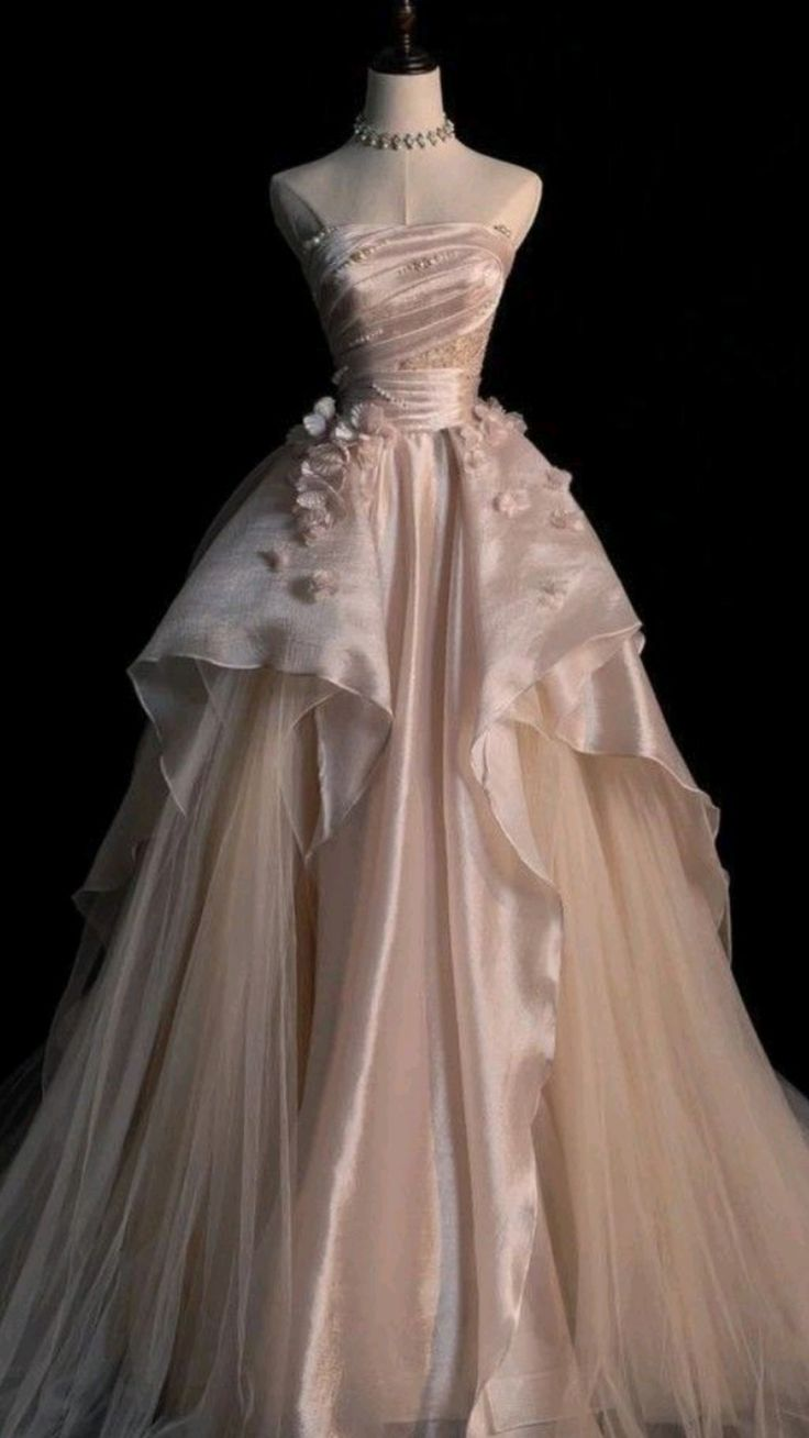 Pearl Pink Strapless A-Line Tulle Long Party Gown With Pearls