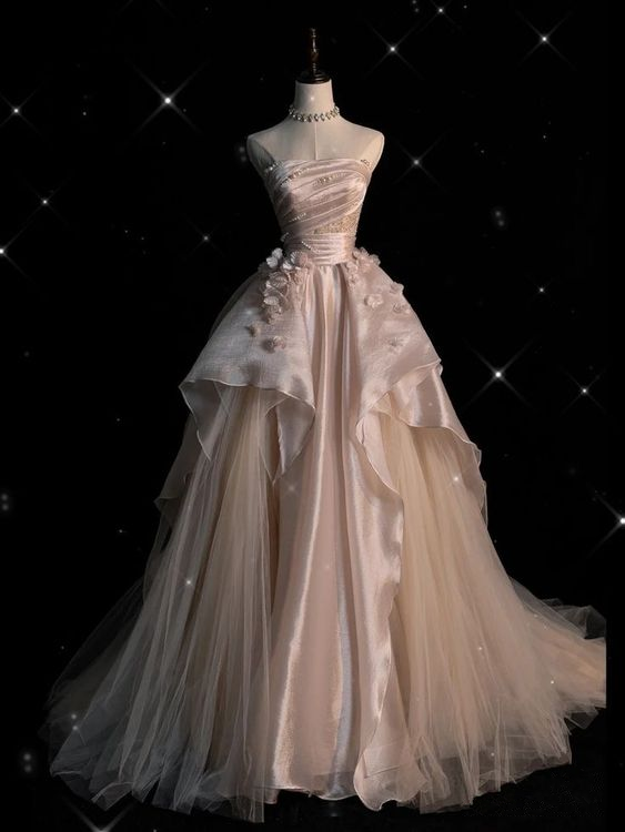 Pearl Pink Strapless A-Line Tulle Long Party Gown With Pearls Main image