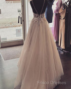 Pearl Pink Tulle Formal Prom Dress V Neck Appliques