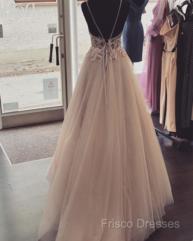 Pearl Pink Tulle Formal Prom Dress V Neck Appliques