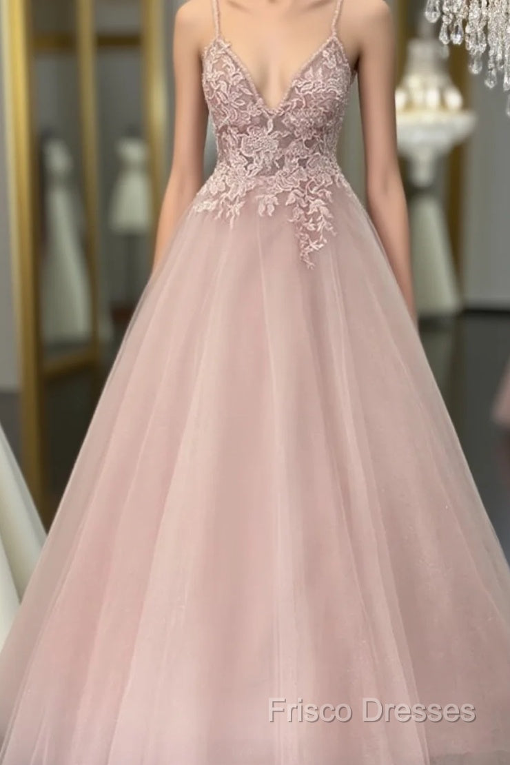 Pearl Pink Tulle Formal Prom Dress V Neck Appliques Main image