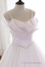 Pearl Pink Straps A Line Tulle Long Formal Prom Dress with Pearls, Long Formal Prom Gown