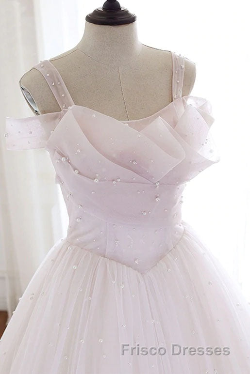 Pearl Pink Straps A Line Tulle Long Formal Prom Dress with Pearls, Long Formal Prom Gown