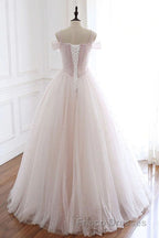 Pearl Pink Straps A Line Tulle Long Formal Prom Dress with Pearls, Long Formal Prom Gown