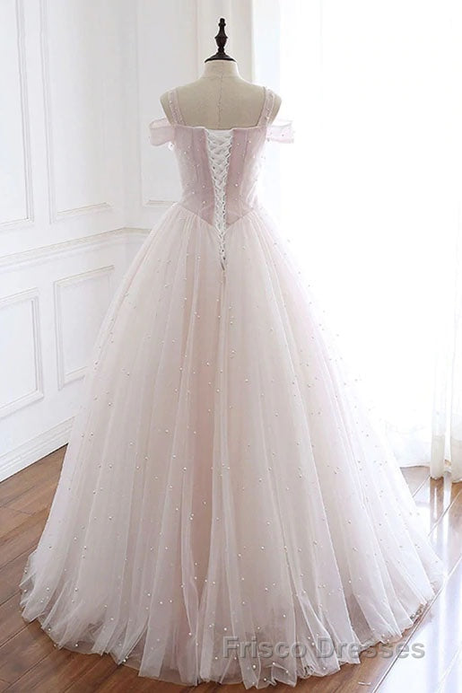 Pearl Pink Straps A Line Tulle Long Formal Prom Dress with Pearls, Long Formal Prom Gown