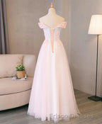 Light Pink Lace Off Shoulder Lonng Formal Prom Dress, Pink Evening Dress