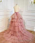 Blue V Neck Tiered Sleeveless Tulle Formal Prom Dress, Gorgeous Long Party Dress