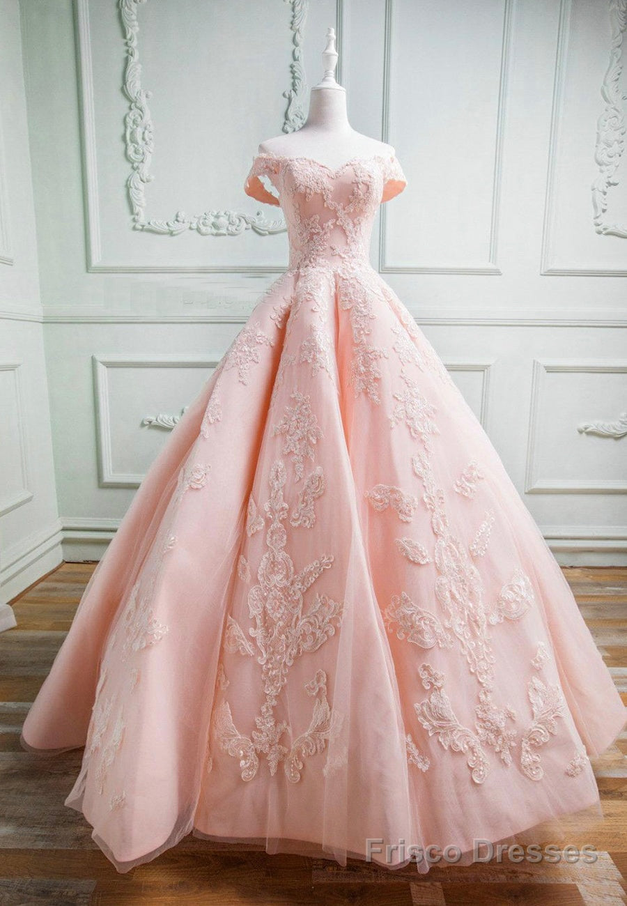 Pink Lace Long A-Line Prom Dresses, Off the Shoulder Evening Dresses Main image