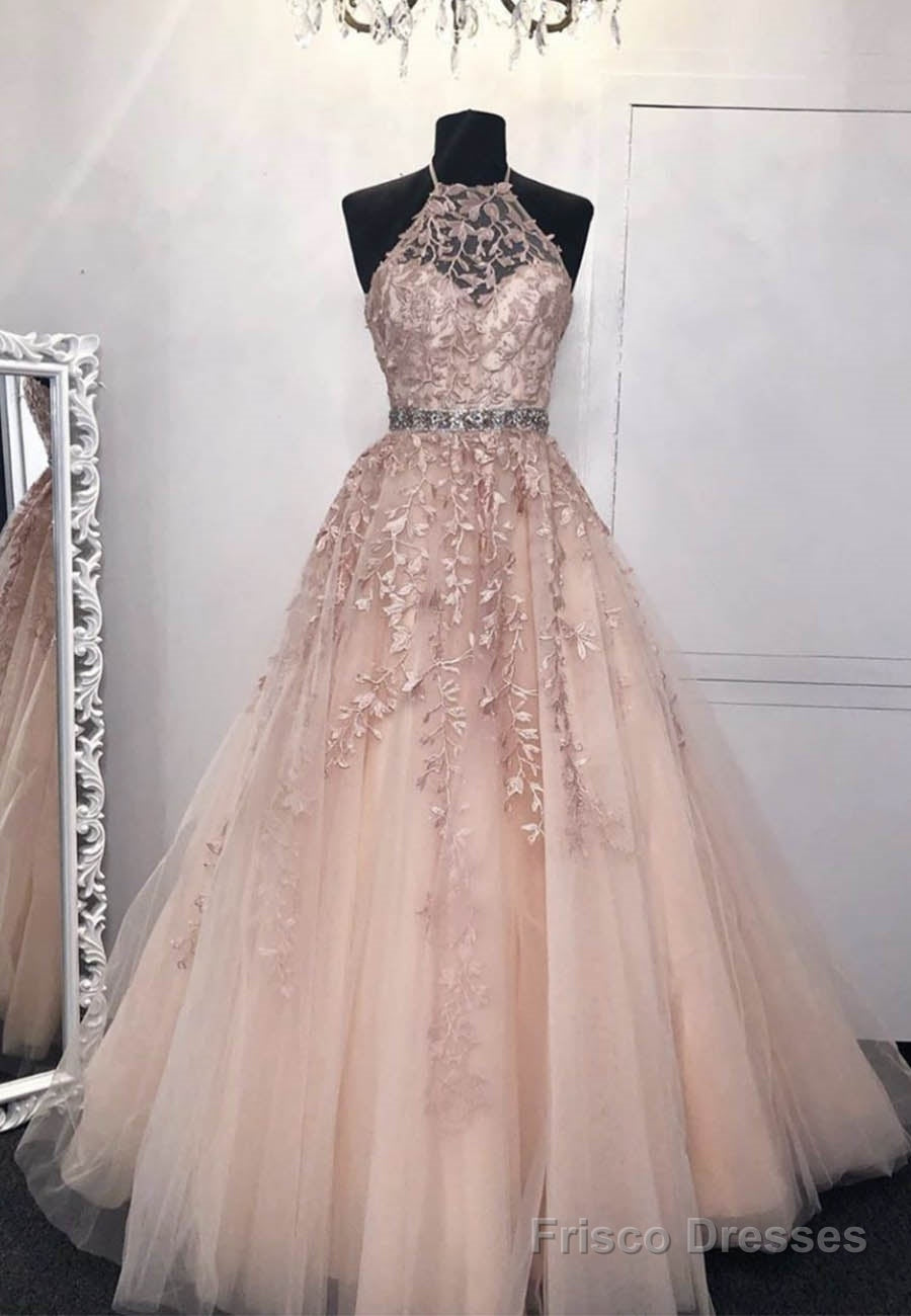 Pink Lace Long Prom Dresses, A-Line Formal Graduation Dresses Main image