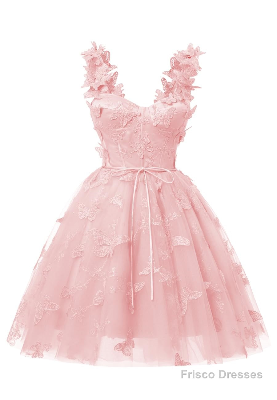 Pink 3D Butterfly Lace Applique Tulle Homecoming Dress for Teens Sweetheart Mini Short Prom Dresses Secondary image
