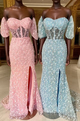 Pink 3D Floral Lace Sweetheart Mermaid Long Formal Prom Dress with Slit