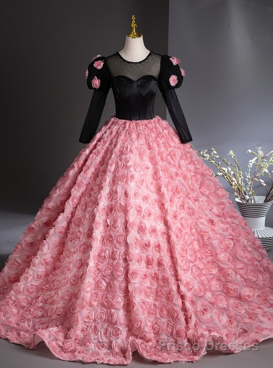 Pink 3D Rose Flower Long Sleeve Quinceanera Dress Main image
