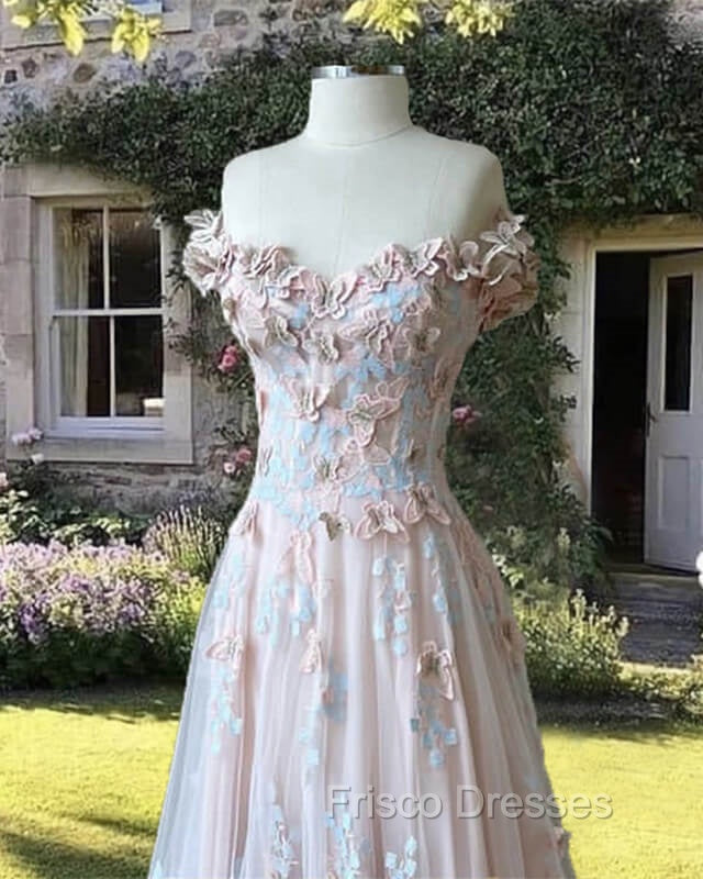 Pink A-Line Butterfly Formal Prom Dress