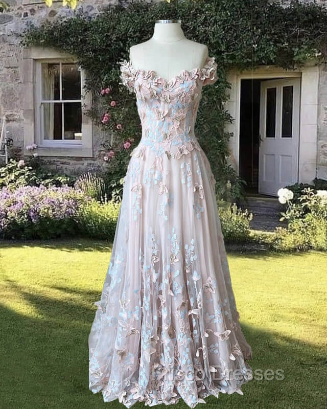 Pink A-Line Butterfly Formal Prom Dress