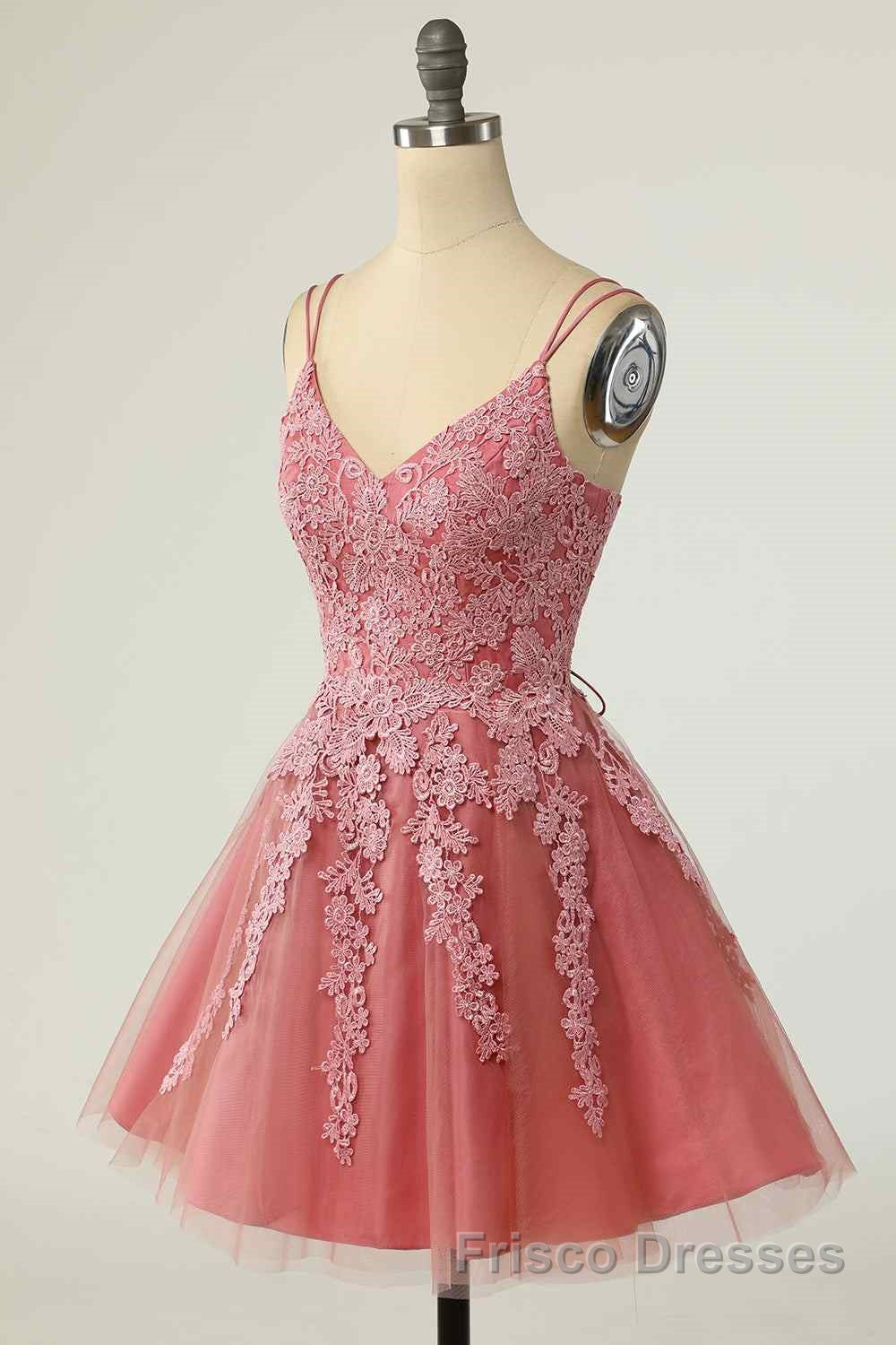 Pink A-line Double Straps V Neck Lace-Up Applique Mini Homecoming Dresses Secondary image