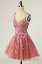 Pink A-line Double Straps V Neck Lace-Up Applique Mini Homecoming Dresses