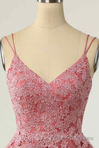 Pink A-line Double Straps V Neck Lace-Up Applique Mini Homecoming Dresses