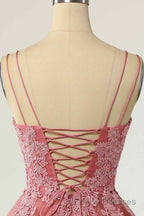 Pink A-line Double Straps V Neck Lace-Up Applique Mini Homecoming Dresses