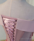 Pink A Line Off Shoulder Knee Length Prom Dress, Lace Homecoming Dresses