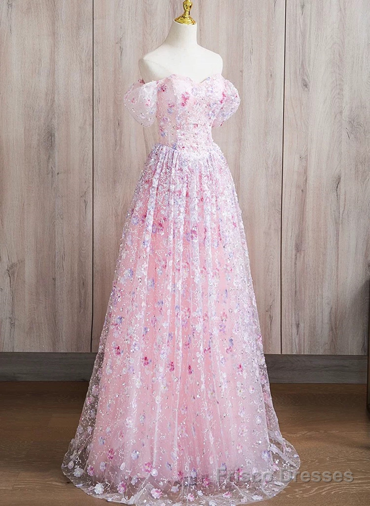 Pink A-line Off Shoulder Lace Floor Length Party Dress, Pink Lace Prom Dress Secondary image