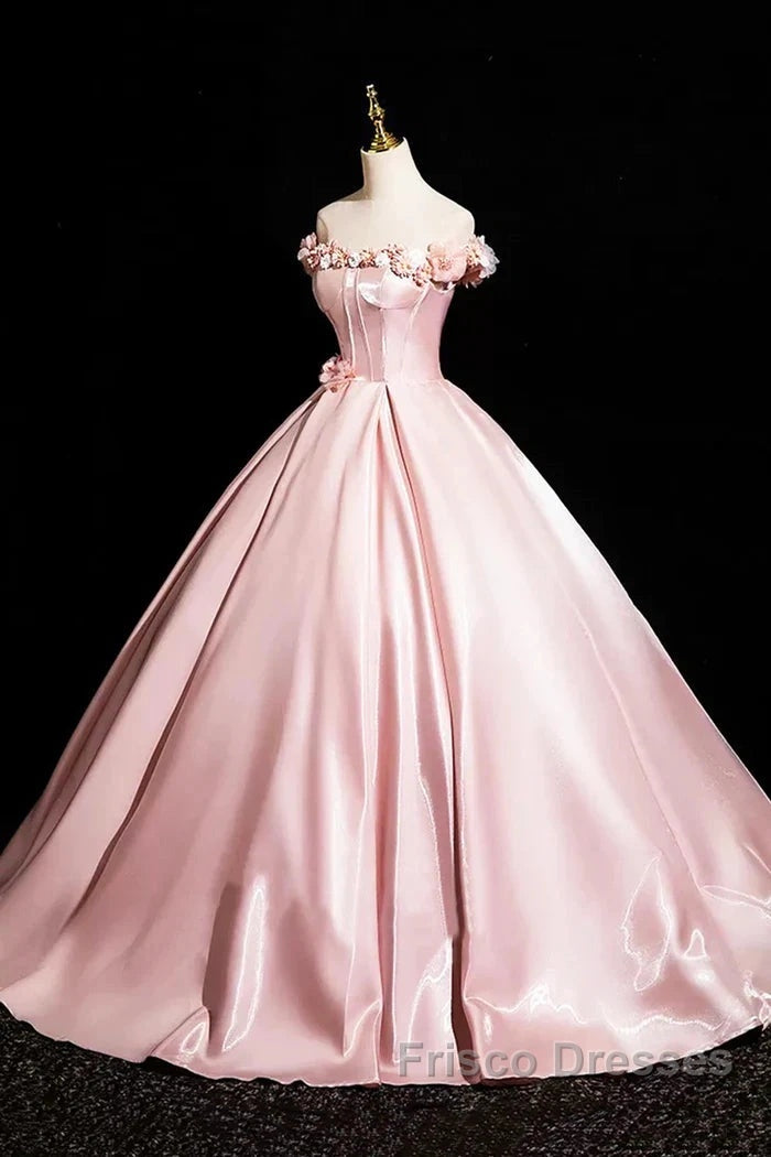 Pink A-Line Off Shoulder Satin Long Formal Prom Dress, Beautiful A-Line Off The Shoulder Party Dress