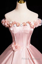 Pink A-Line Off Shoulder Satin Long Formal Prom Dress, Beautiful A-Line Off The Shoulder Party Dress