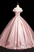 Pink A-Line Off Shoulder Satin Long Formal Prom Dress, Beautiful A-Line Off The Shoulder Party Dress