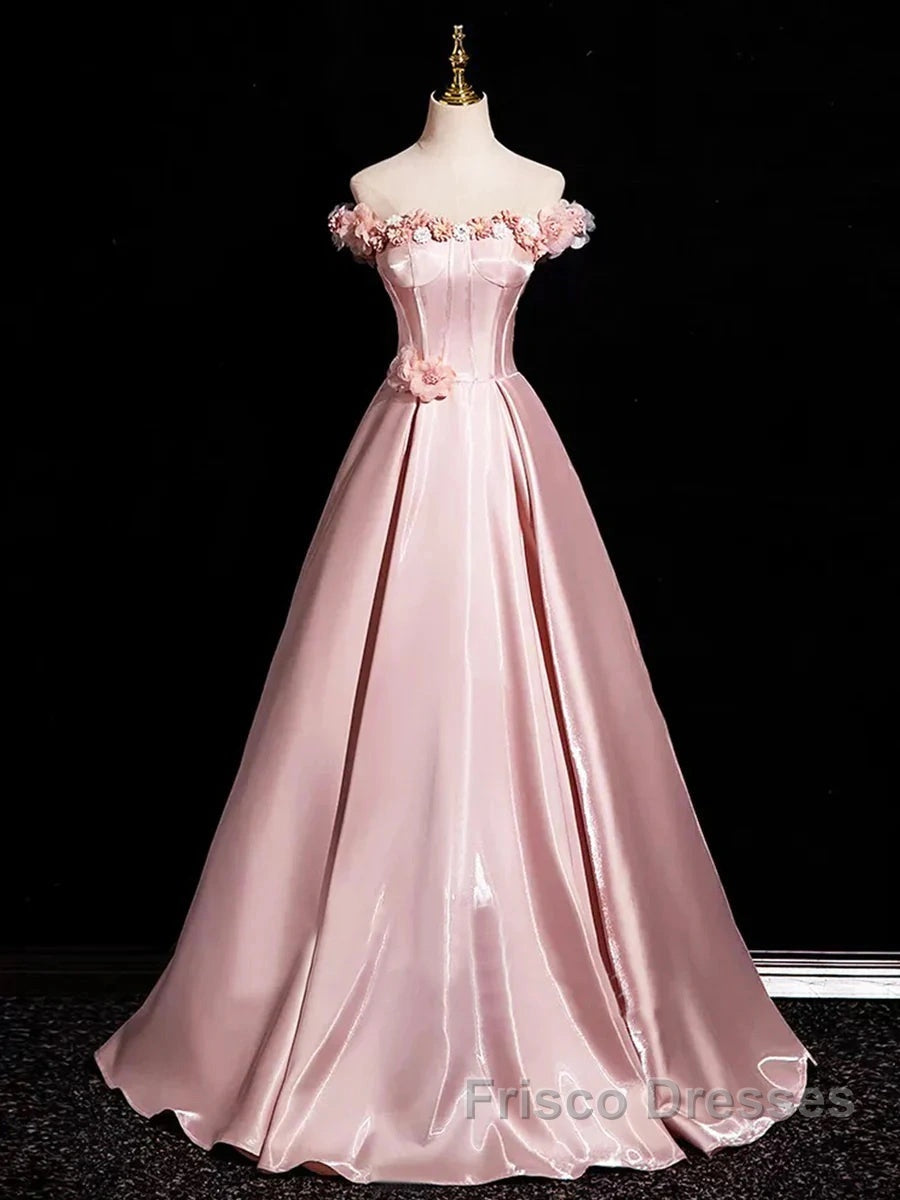 Pink A-Line Off Shoulder Satin Long Formal Prom Dress, Beautiful A-Line Off The Shoulder Party Dress