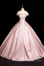 Pink A-Line Off Shoulder Satin Long Formal Prom Dress, Beautiful A-Line Off The Shoulder Party Dress