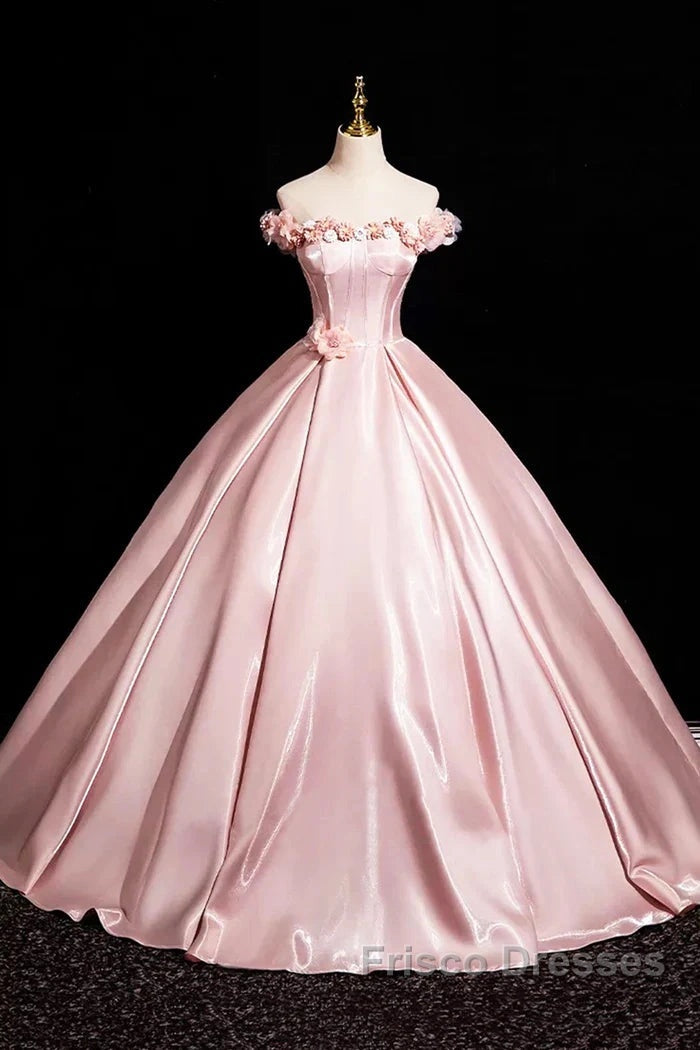 Pink A-Line Off Shoulder Satin Long Formal Prom Dress, Beautiful A-Line Off The Shoulder Party Dress