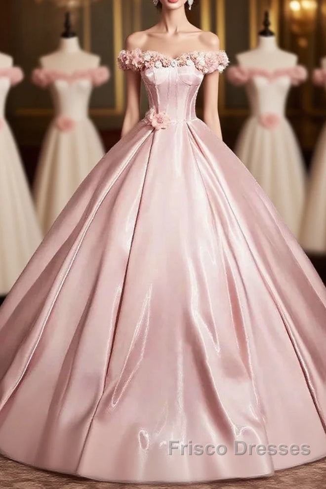Pink A-Line Off Shoulder Satin Long Formal Prom Dress, Beautiful A-Line Off The Shoulder Party Dress Main image