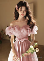 Pink A-line Off Shoulder Tulle Party Dress, Pink Tulle Prom Dress
