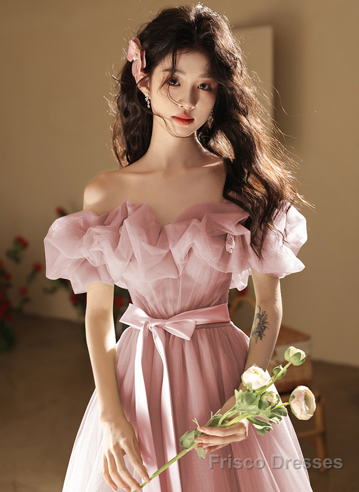 Pink A-line Off Shoulder Tulle Party Dress, Pink Tulle Prom Dress