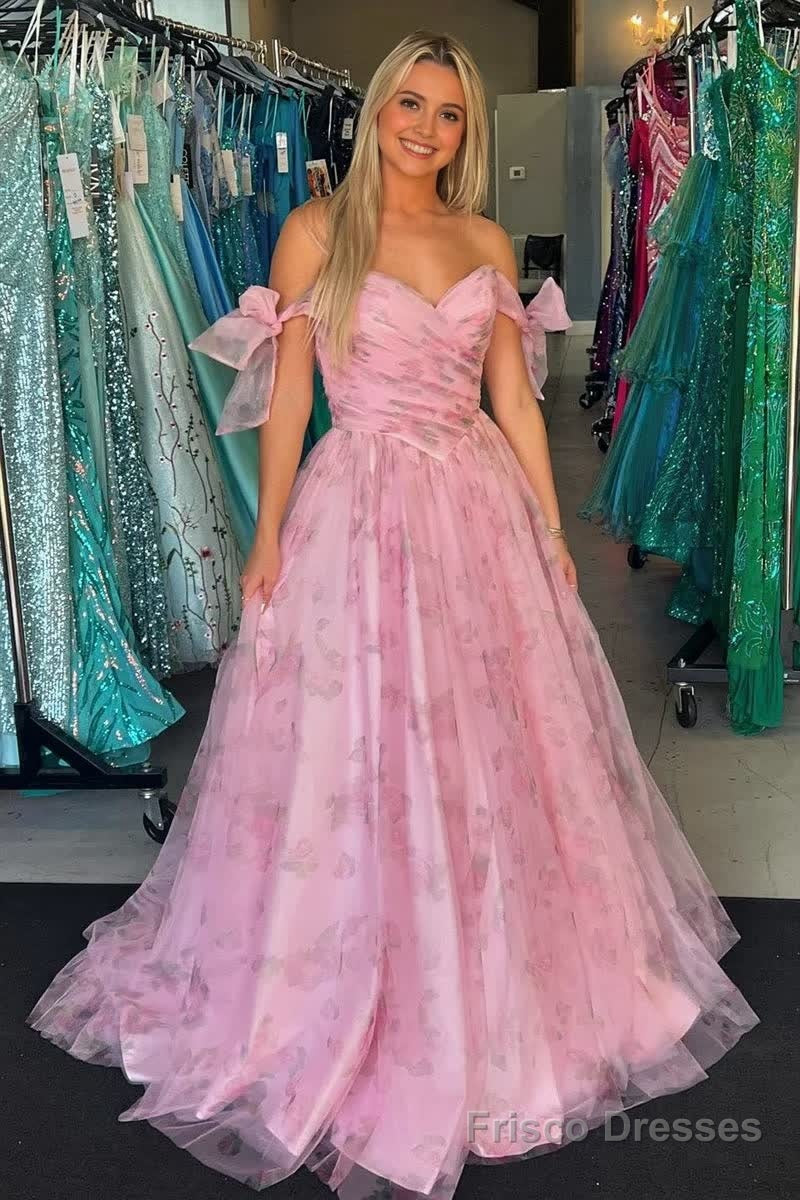 Pink A Line Off the Shoulder Floral Printed Long Prom Dresses Main image